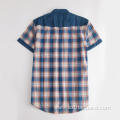 Men's Denim Patchwork Plaid Short Sleeve Shirt